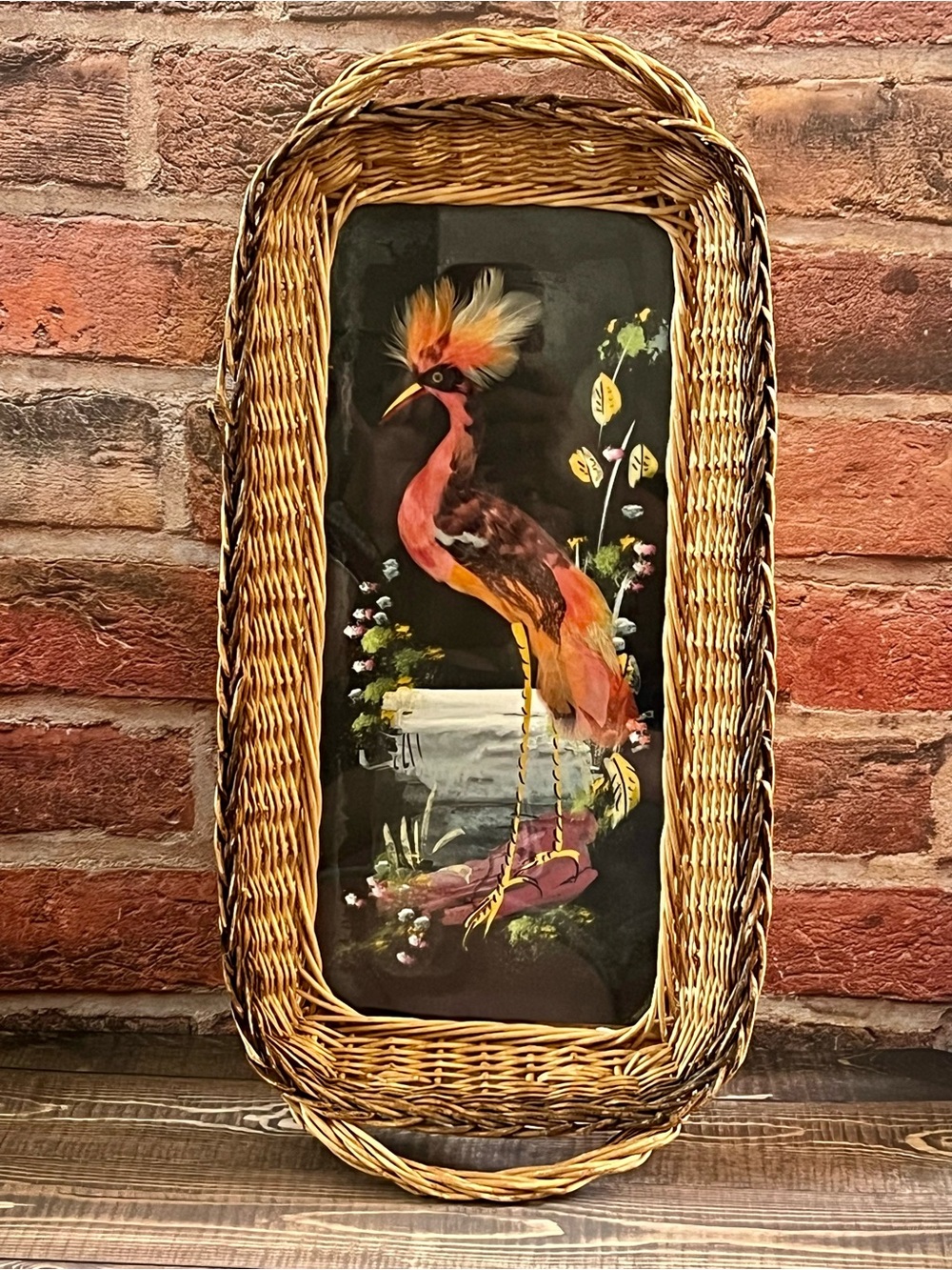 Vintage Mexican Feather Art Bird Wicker Wall Decor Tray 19” Made in Mexico